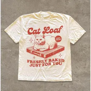 Fashion Print Cat Loaf Funny Cat Meme Graphic Tee, Vintage Retro Cute Cat Lover Comfort Outfit, Oversized Trendy Fashion Top, Perfect Holiday Gift For Him Her Family Friends