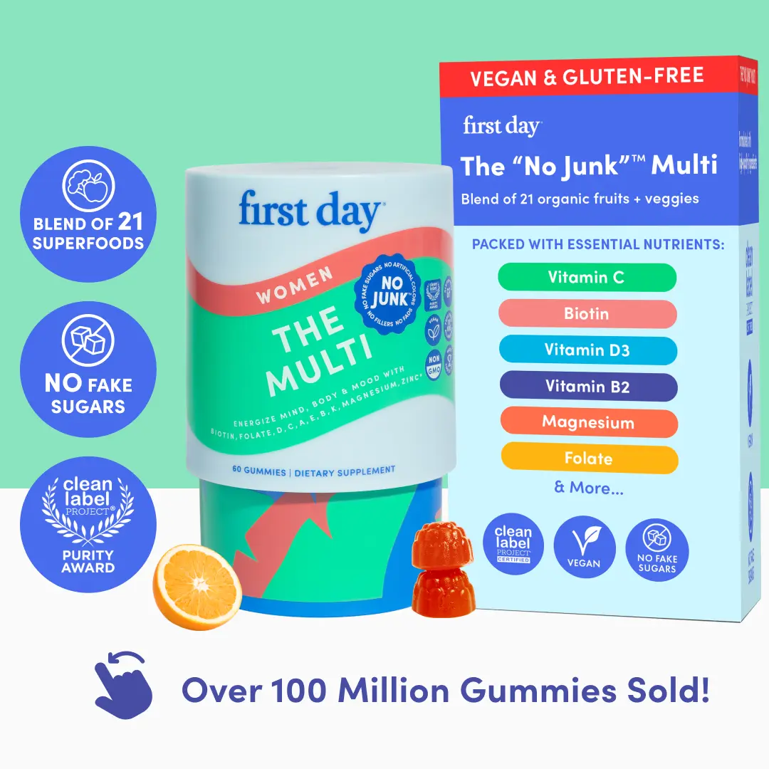 First Day Women's Multivitamin Gummies 18+, Natural Orange Flavor — 21 Organic Superfoods, 13 Key Nutrients, Vitamin C D3 B12 Magnesium Biotin — Immunity, Energy, Skin & Hair Health, Fight Fatigue — 30-Day Supply, Vegan, Non-GMO, No Junk