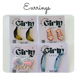 Whimsy Girly Shop Handmade Funky Earrings Acrylic Jellyfish Sardines Bananas Fishbones Quirky Fun Ocean Lover Gifts