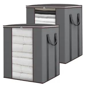 2 Pack 120L Extra Large Blanket Storage Containers – Heavy Duty Comforter Bags with Reinforced Handles, Breathable Non-Woven – Stores King Bedding, Pillows, Seasonal Clothes – Grey