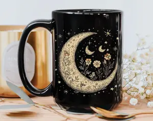 Cottagecore Crescent Moon And Wildflowers Coffee Mug, Spooky Vibes Witchy Stuff, Goblincore For Spooky Season, Stay Spooky Aesthetic