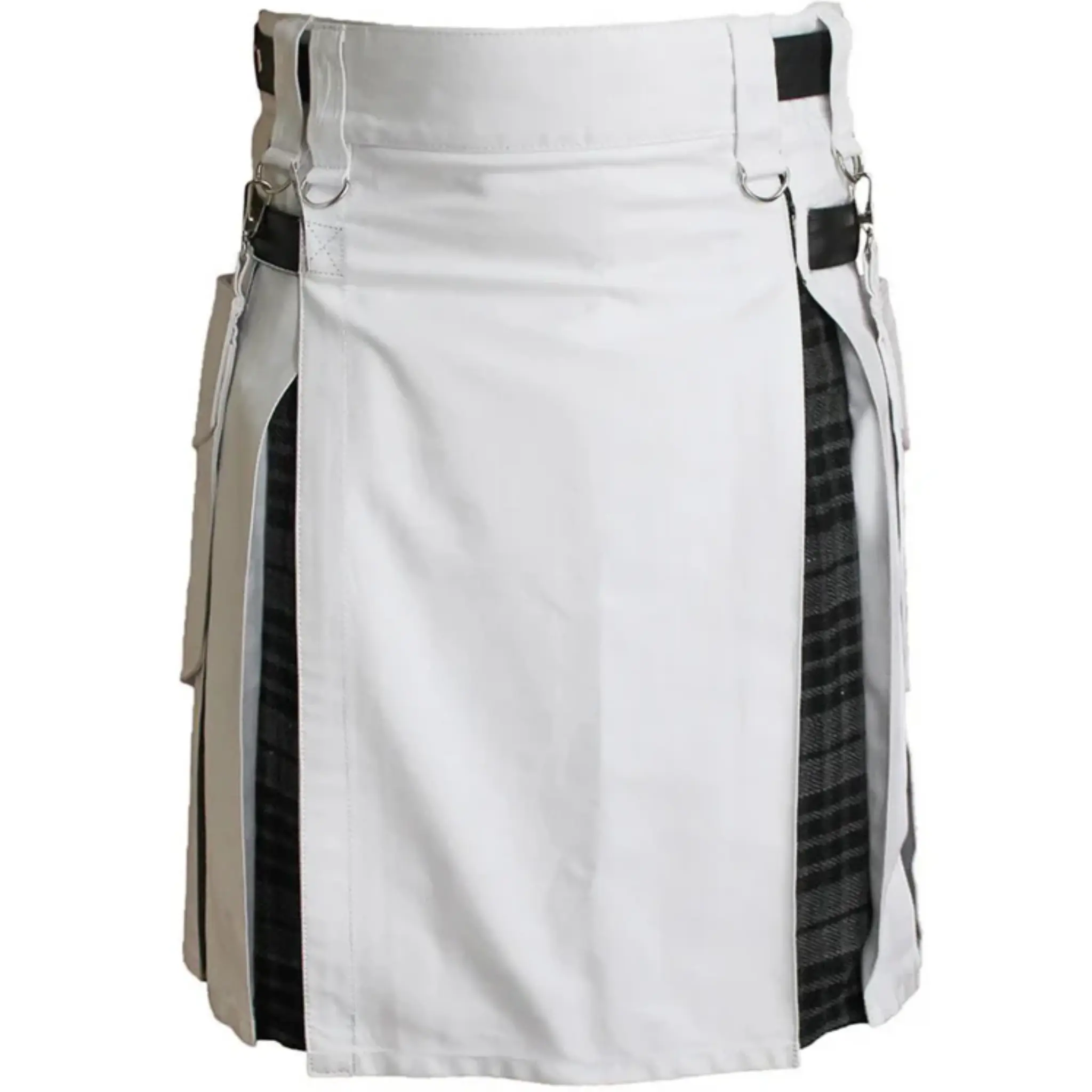 White Hybrid Utility Kilt with Tartan Pleats for Men's Outdoor Activities Strong Cotton Fabric Adjustable Straps Side Flap Cargo Pockets