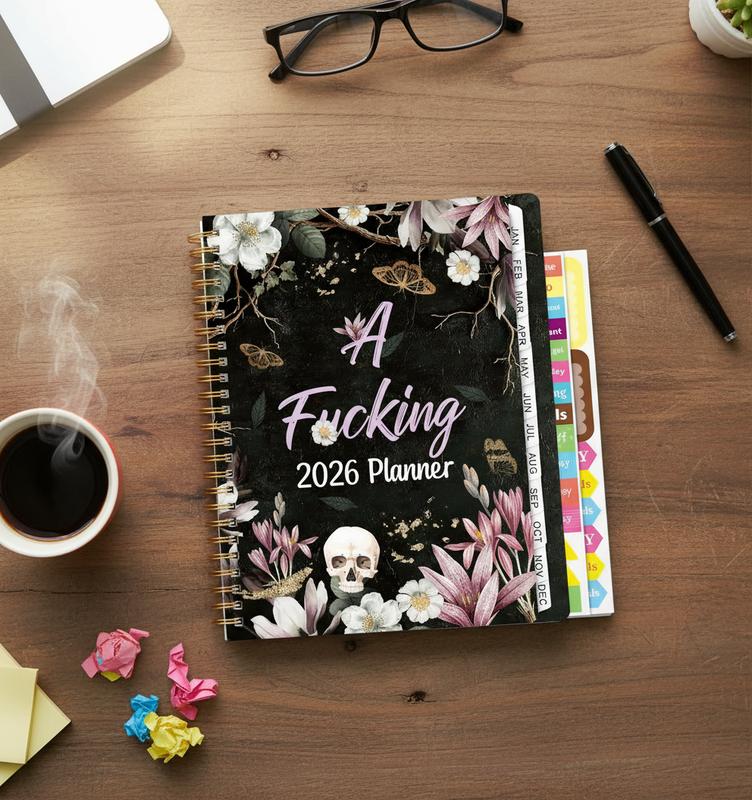2026 Weekly and Monthly Planner, Dark Romantic Notebook, featuring floral and skull patterns, perfect as a New Year's holiday gift.  Hardcover calendar, A5 size, includes labels, stickers, and a back pocket.