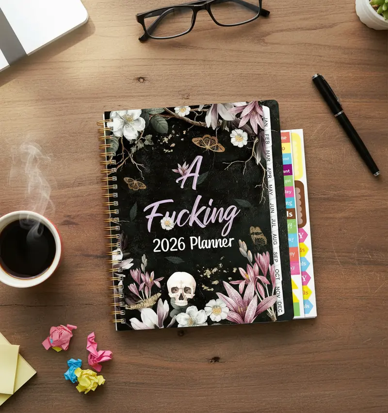 2026 Weekly and Monthly Planner, Dark Romantic Notebook, featuring floral and skull patterns, perfect as a New Year's holiday gift.  Hardcover calendar, A5 size, includes labels, stickers, and a back pocket.
