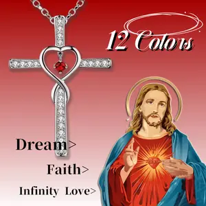 Infinity Love God We Trust Christian Cross Birthstone Pendant Necklace Colour Gems Zircon Heart Necklace