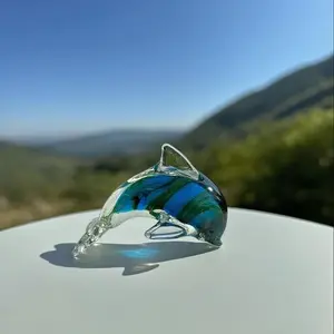 Handmade Blown Glass Dolphin Sculpture, Blue Gradient Glass Art, Luxury Style Home Decor, Unique Art Gift