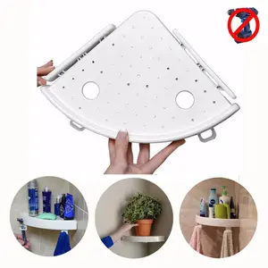 Bathroom Wall Corner Shelf Organizer, Kitchen Corner Storage Rack Non-Marking Shelf with Hooks, Easy to Install (White, One Size)