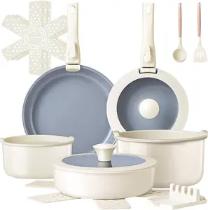 18-Piece Ceramic Non Stick Pots and Pans Set, Non Toxic Cookware Set with Removable Handles, Induction Ready, Dishwasher & Oven Safe, PFAS PFOA & PTFE Free (Cream White)