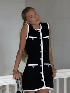 Women's Colorblock Faux Pearl Decor Button Front Pocket Tank Dress, Elegant Contrast Binding Sleeveless Round Neck Short Dress for Vacation Holiday Party, Ladies Summer Clothes Casual Comfy Classy