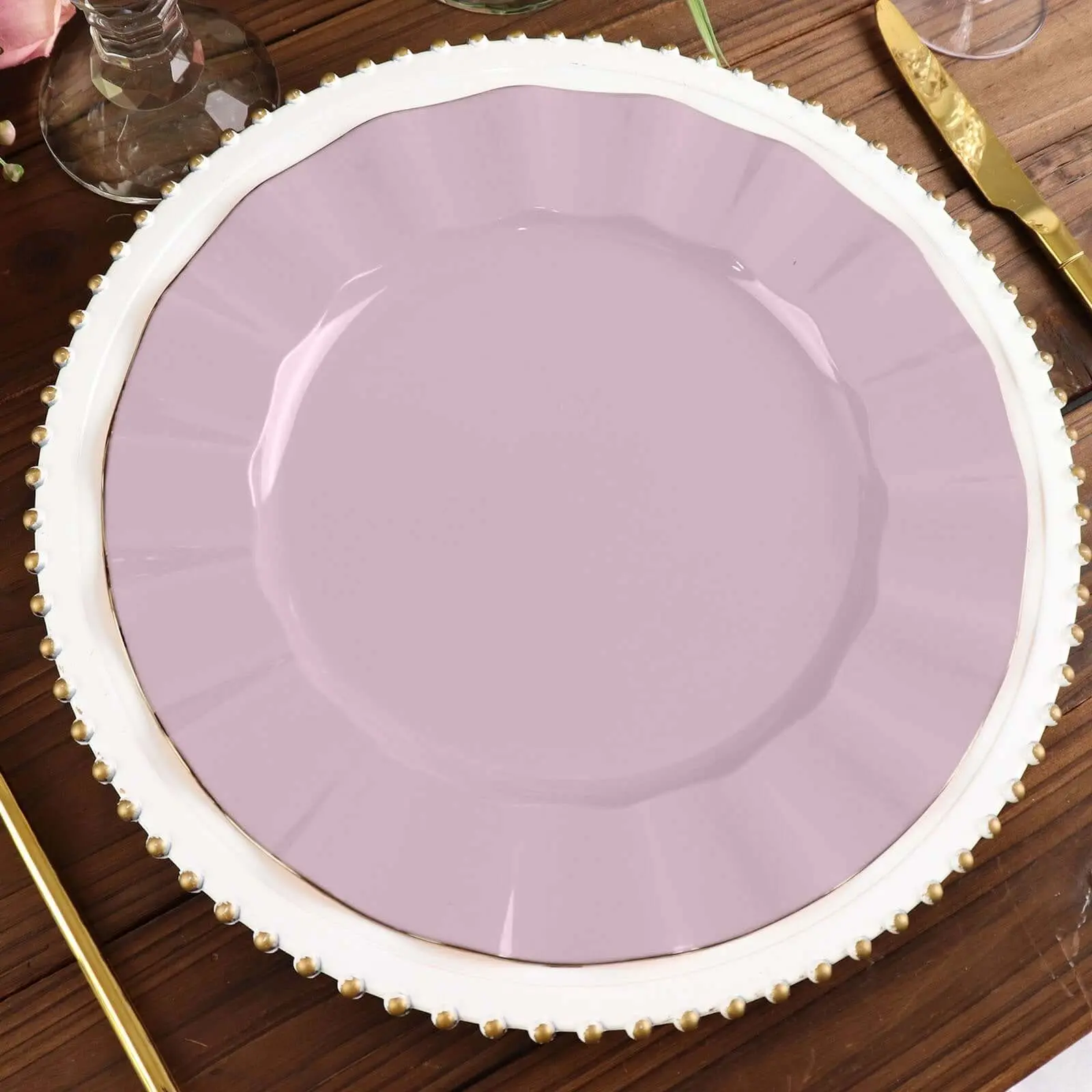 10-Pack Plastic 11" Round Dinner Plates, Lavender Lilac Ruffled Rim with Gold Edging - Sturdy Disposable Dinnerware for Home, Festive & Party Use