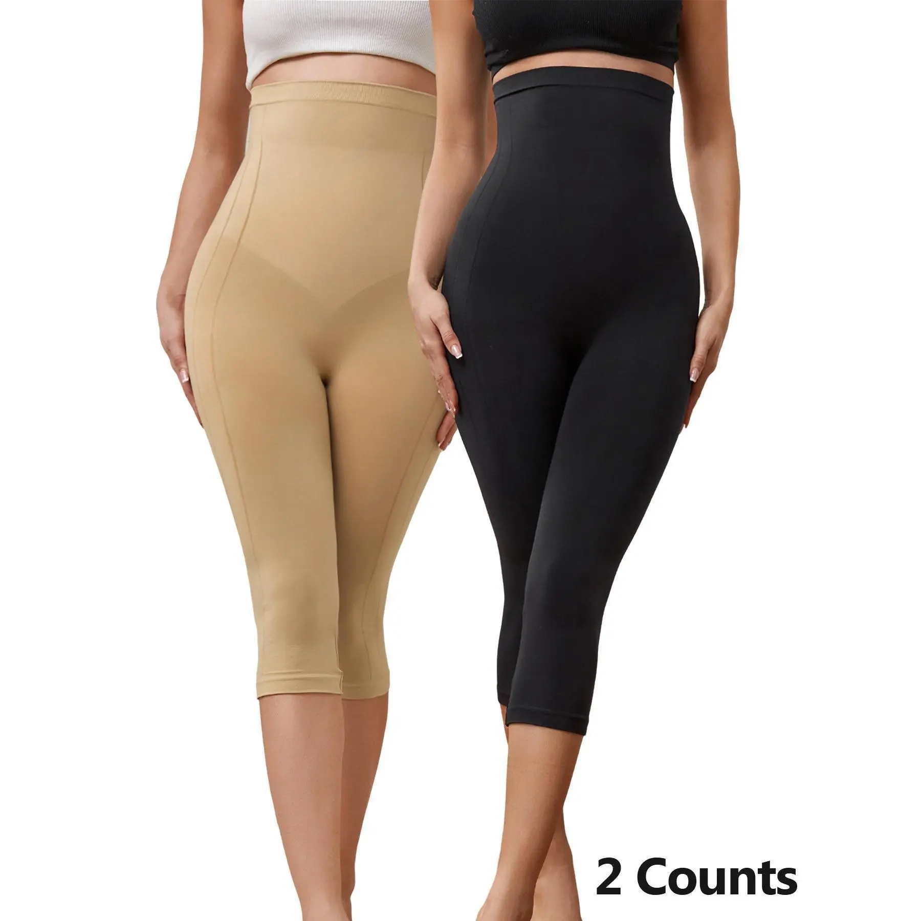 [2 Counts] MUEE Women's Shapewear Leggings Tummy Control Capri,High Waisted Seamless Butt Lifting Thigh Slimmer Body Shaper Bottom 7 Pants,Compression Womenswear Gradient Sexy Comfort Basic Minimalist