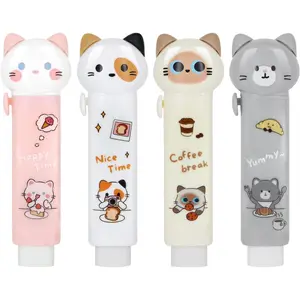 4PCS Cute Cat Style Retractable Push-Pull Eraser Set Pink Grey Yellow White for School Office Art Supplies Students Adults