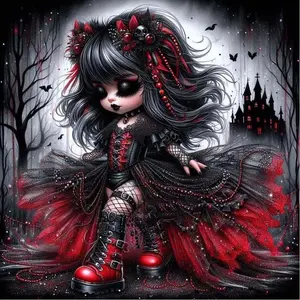 5D DIY Full Drill Round Diamond Painting - Diamond Art Kit Gothic Style, Red and Black Dress, Castle Background Mosaic, Canvas - DIY Decoration, Home Wall Art, Suitable for Halloween, Christmas, Birthday, and Anniversary Gifts