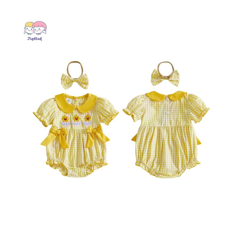 Baby Girl Easter Outfits Short Sleeve Chick Embroidery Romper with Headband Set Newborn Clothes