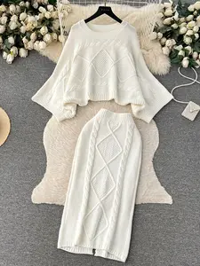 Women's Casual Fashion Two-Piece Knitted Fitted Matching Dress Set, Womenswear Winter Long Sleeve Top & Skirt, Elegant Style, Perfect for Daily Wear, Clothes