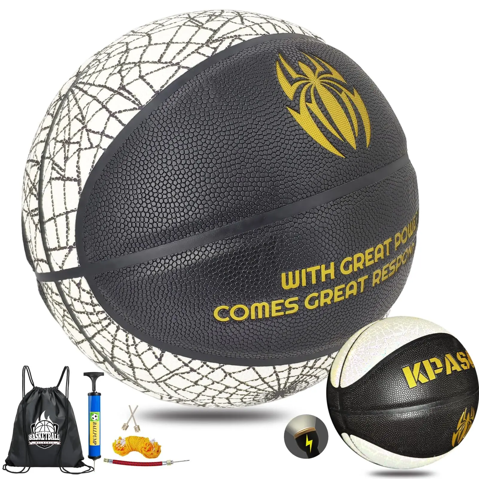 KPASON Basketball Holographic Basketball Indoor Outdor Reflective Glowing Leather Basketball Size 7 with Pump (Black White)