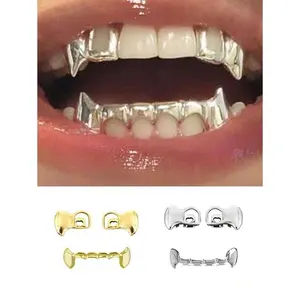 3pcs Tiger Tooth sinners Grillz sets with Sparkling Zirconia, american men woman Hip hop style Street Style Cool Fangs Grill, Golden Copper silver Teeth brace rapper Jewelry for Music Festivals, Parties, Halloween personal use unisex gift Oral Accessory