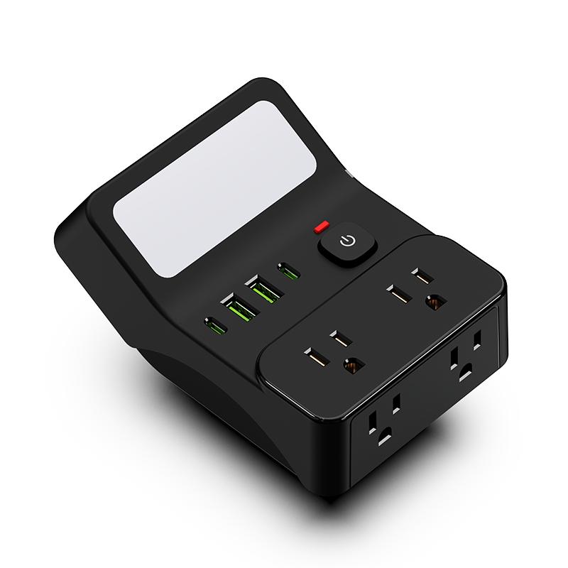1pc night light wall socket, 4 AC sockets with overload protection, maximum power of 1250W, 10A, 2 USB 2 Type-C, suitable for home, office, travel and computer.