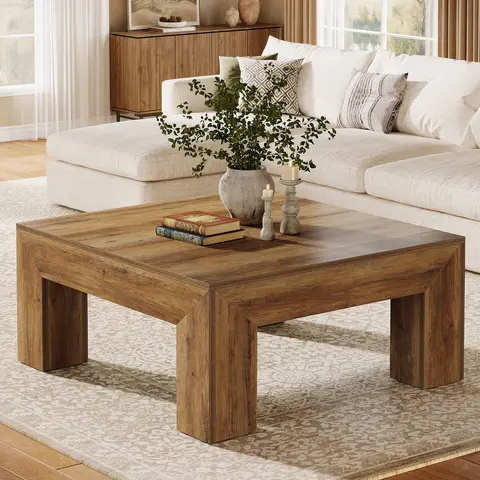 LITTLE TREE 39.4-Inch Square Coffee Table for Living Room, Farmhouse All MDF Accent Center Cocktail Table with Sturdy Wooden Legs, Easy Assembly