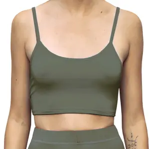 Cropped Tank Spaghetti Strap Cami Boho Basic Mix N Match Stretch Knit Crop Top - Solid Olive Green