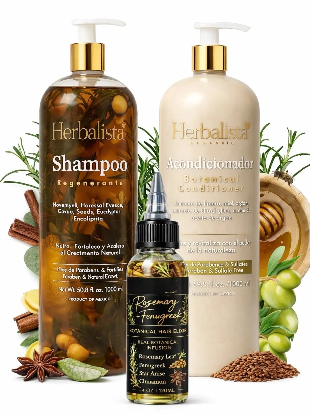 Maani Essence 3-Piece Herbal Haircare Set with Olive Oil | Shampoo Cleanser, Conditioner & Tonic for Daily Use | Eucalyptus Scent for All Hair Types - 3 x 1000ml, Coconut, Plant
