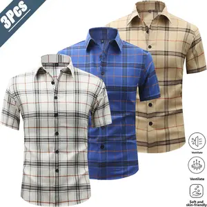 3-pack trending men’s streetwear retro plaid short-sleeve shirts, American vintage casual style, breathable, skin-friendly, structured fabric for a cool, comfortable feel, classic notched collar design with a sharp, polished look, color-block plaid patter