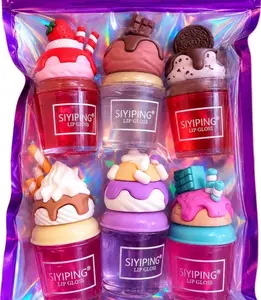 6-Pack Ice Cream Lip Gloss Bundle, Strawberry & Caramel Flavored, Glossy Lip Care Makeup Cosmetic for Beauty Enthusiasts hydrate