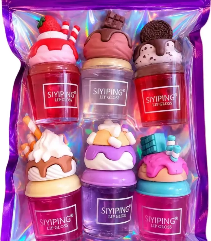 6-Pack Ice Cream Lip Gloss Bundle, Strawberry & Caramel Flavored, Glossy Lip Care Makeup Cosmetic for Beauty Enthusiasts hydrate
