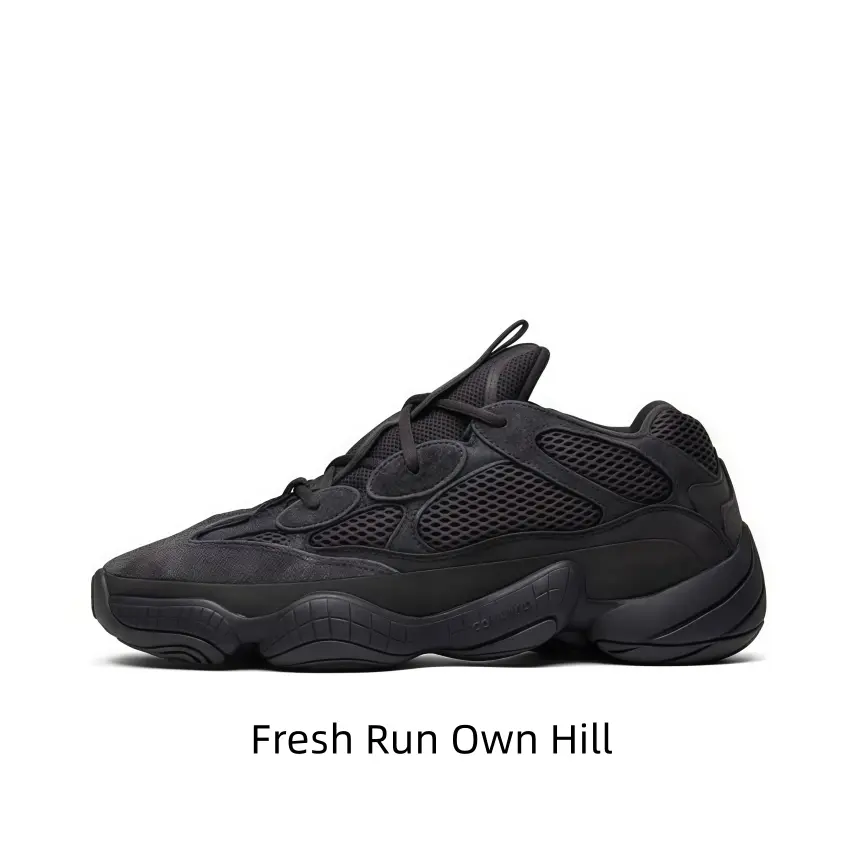 Matte black mesh suede retro bulky running shoes breathable woven panels shock-absorbing curved outsole reinforced toe comfy footwear outdoor travel walking errands