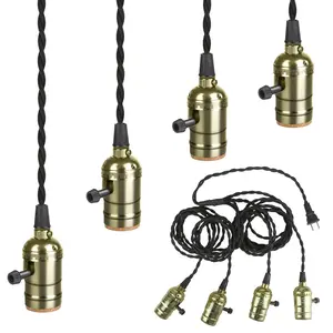 Plug-in Pendant Light Kit with 1-to-4 Hanging E26/E27 Sockets, Industrial Hanging Light with Individual Rotary Switches, Easy DIY Lighting for Living Room, Patio and  Corners, Bronze