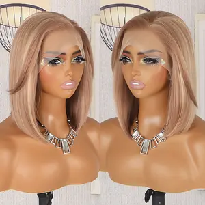 QD-Tizer Blonde Highlights Color Shot Bob Wigs 13x4 HD Transparent Lace Front Wig, Women's 12 Inch Straight Honey Blonde Bob Synthetic High Temperature Fiber, Glueless Comfort Fit for Daily Wear & Special Occasions