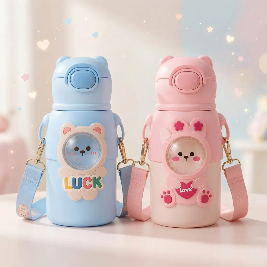 "Insulated Stainless Steel Kids Tumbler 500ml - TinyHug Portable Kawaii Bear Water Bottle with Straw, Adjustable Crossbody Strap, Back to School Animals Themed (Pink, Baby Blue)"