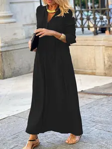 Plus Size V-Neck Long Sleeve Maxi Dress, Tie Neck Detail, Casual Loose Fit, Daily & Vacation Wear