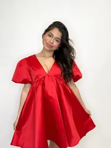 Babydoll Bubble Sleeve Dress-Red