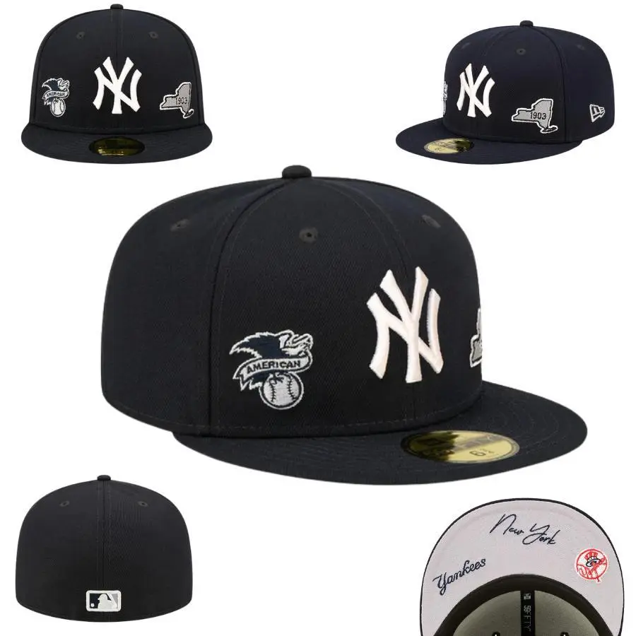 New Era MLB New York Yankees 59FIFTY Fitted Baseball Cap – Flat Brim Hat with Raised White NY Logo, 1903 New York State Patch, American League Side Embroidery & Grey Undervisor