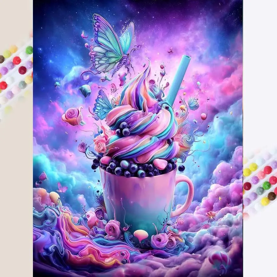 1 DIY diamond painting kit, 5D diamond art set, DIY decoration, rainbow ice cream, butterfly, dreamy clouds. The diamond painting kit features full round diamonds, mosaic, diamond art, DIY art home decor, suitable for Christmas, Handicraft
