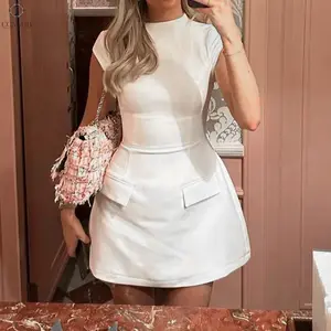 Women Cap Sleeve Mini Dress A-Line Elegant Formal Party Short Dress with Pockets