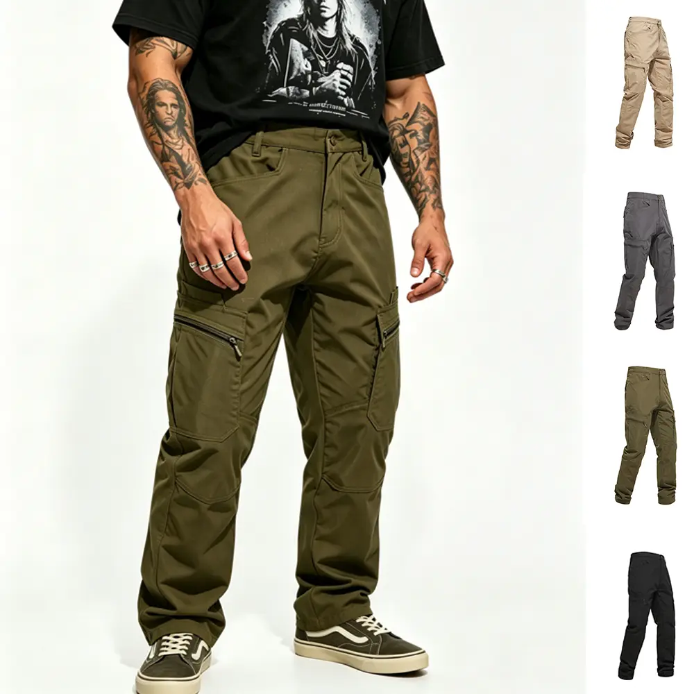 Men’s Plain Polyester Fabric Mid Waist Basic Look Cargo Pants - Lightweight, Breathable, Quick-Dry Menswear with 3D Layered Design, Zip Pockets, Non-Claustrophobic Straight Legs for Spring/Summer Hiking, Casual Wear