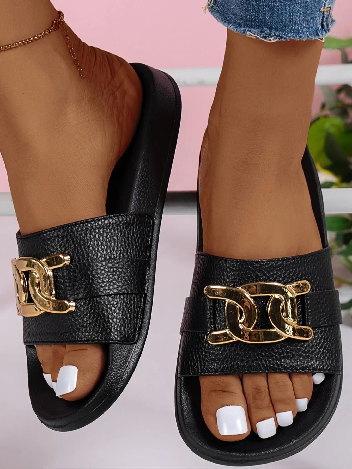 Women's Summer 2024 Elegant Chain Design Slide Slippers, Trendy Soft Lightweight House Slippers, Non-slip All-match Slide Slippers for Indoor & Outdoo