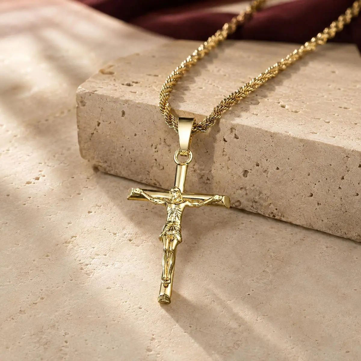 Unisex crucifix pendant necklace with twisted rope chain, gold or silver tone, 18–24 inches, faith-inspired jewelry