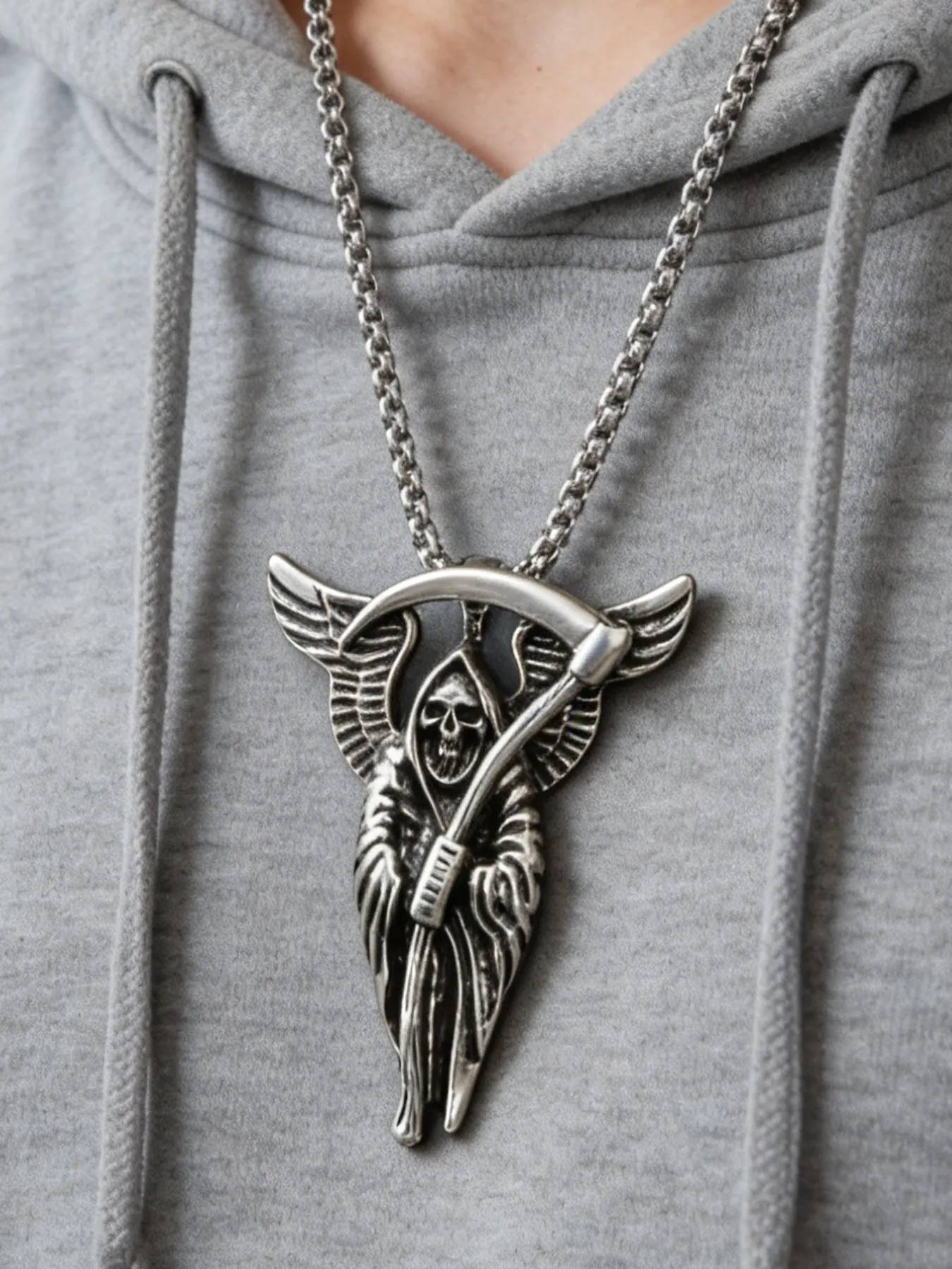 Men's Death Angel Wings Scythe Necklace, Punk Vintage Hip Hop Style, Stainless Steel, Halloween Alternative Gift, Bold and Mysterious