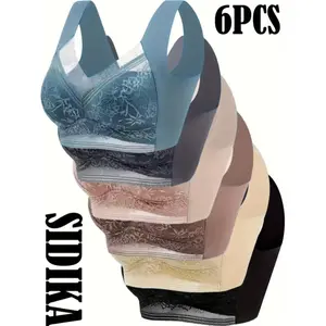 6pcs Elegant Lace Push-Up Bras for Women - Comfortable, Breathable Full Coverage, No Underwire, Machine Washable