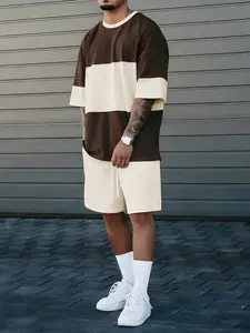 Men 2 piece sets - Men Color Block Short Sleeve Tee & Shorts Set for Travel and Daily Style shorts for the summer short shorts cargo pants for men shorts for summer men's t shirts men shorts beach outfits summer outfits shirts for men vintage tees outfits