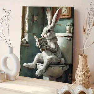 1pc Whimsical Easter Bunny Reading on Toilet Canvas Art Print – Solid Wood Framed Wall Decor for Home, Office, or Festive Gift – Ready to Hang, Traditional Style with Detailed Realistic Artwork, 2D, Perfect for Room Decor