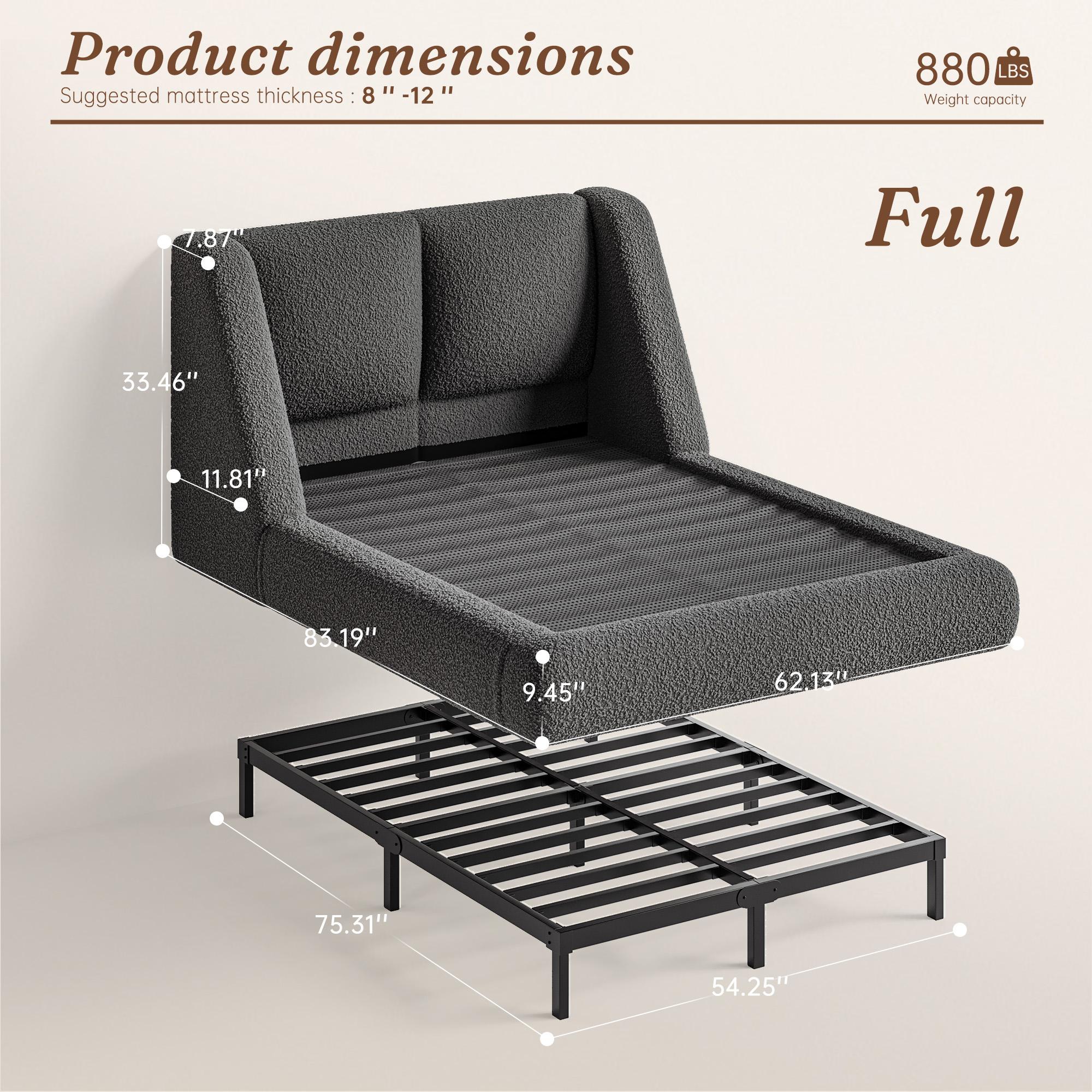 [15 Mins Assembly] Raybee Cloud Bed Frame with 5" Thick Ergonomic Wingback Headboard Soft Boucle Upholstered Low Profile Platform Bed, Bump-Resistant Rounded Corners, Anti-Slip Noise-Free, 880LBS Capacity for Bedroom, Dorms, Apartment, Beige, Black, Gray