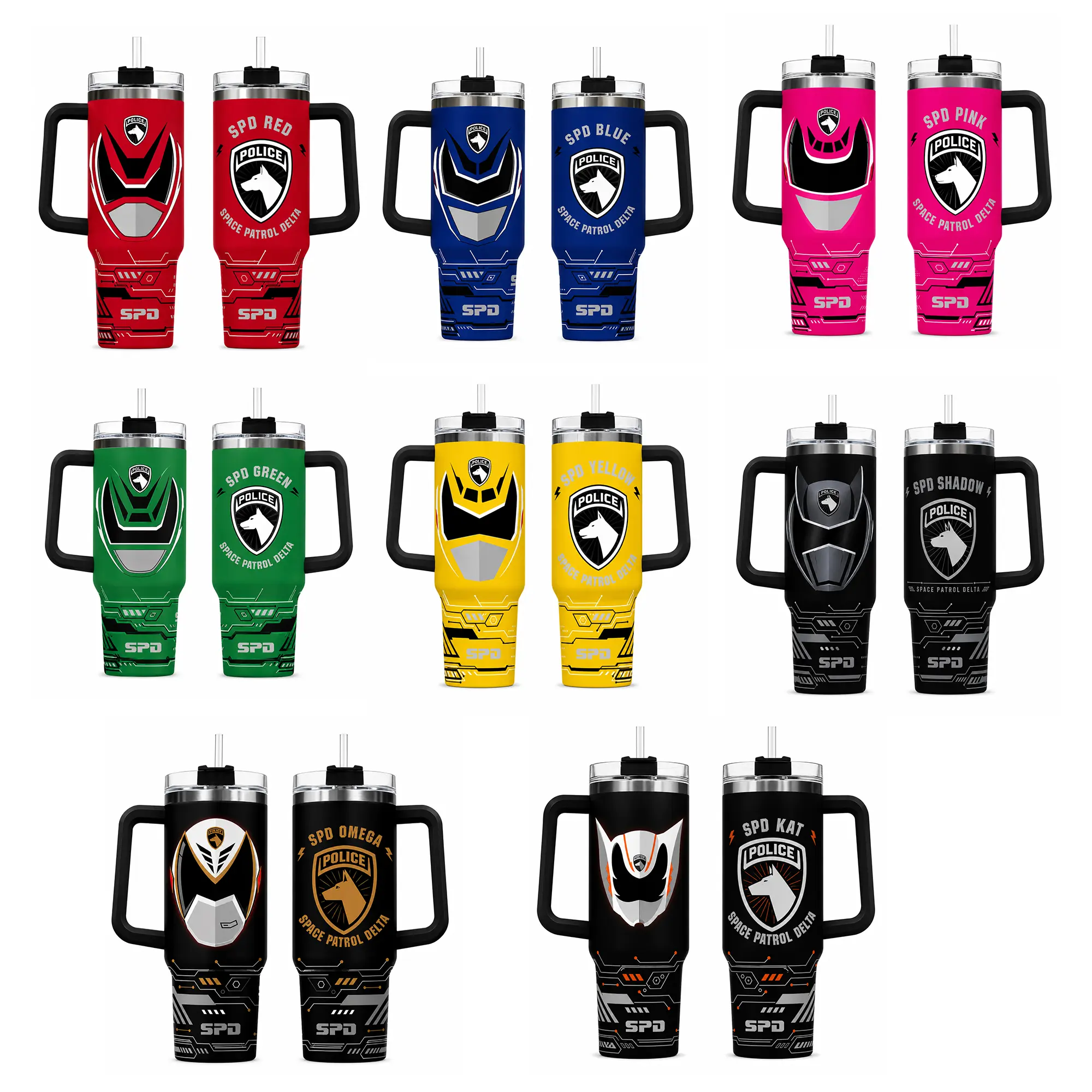 PR S.P.D. Space Patrol Delta 40oz Insulated Tumbler Collection - Choose Red, Blue, Green, Yellow, Pink, Shadow, Omega or Kat Ranger - Stainless Steel Travel Mug with Helmet Art, Handle, and Straw