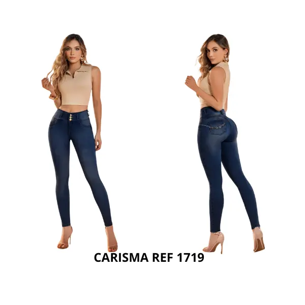 Colombian Jeans by CARISMA for Women, 3 Buttons, Butt-Lifting Pants with Back Pockets, with a Cute Edge, Waist and Hip Shaping Design, Casual and Elegant Fashion Pants Bottom Basic Everyday Fit