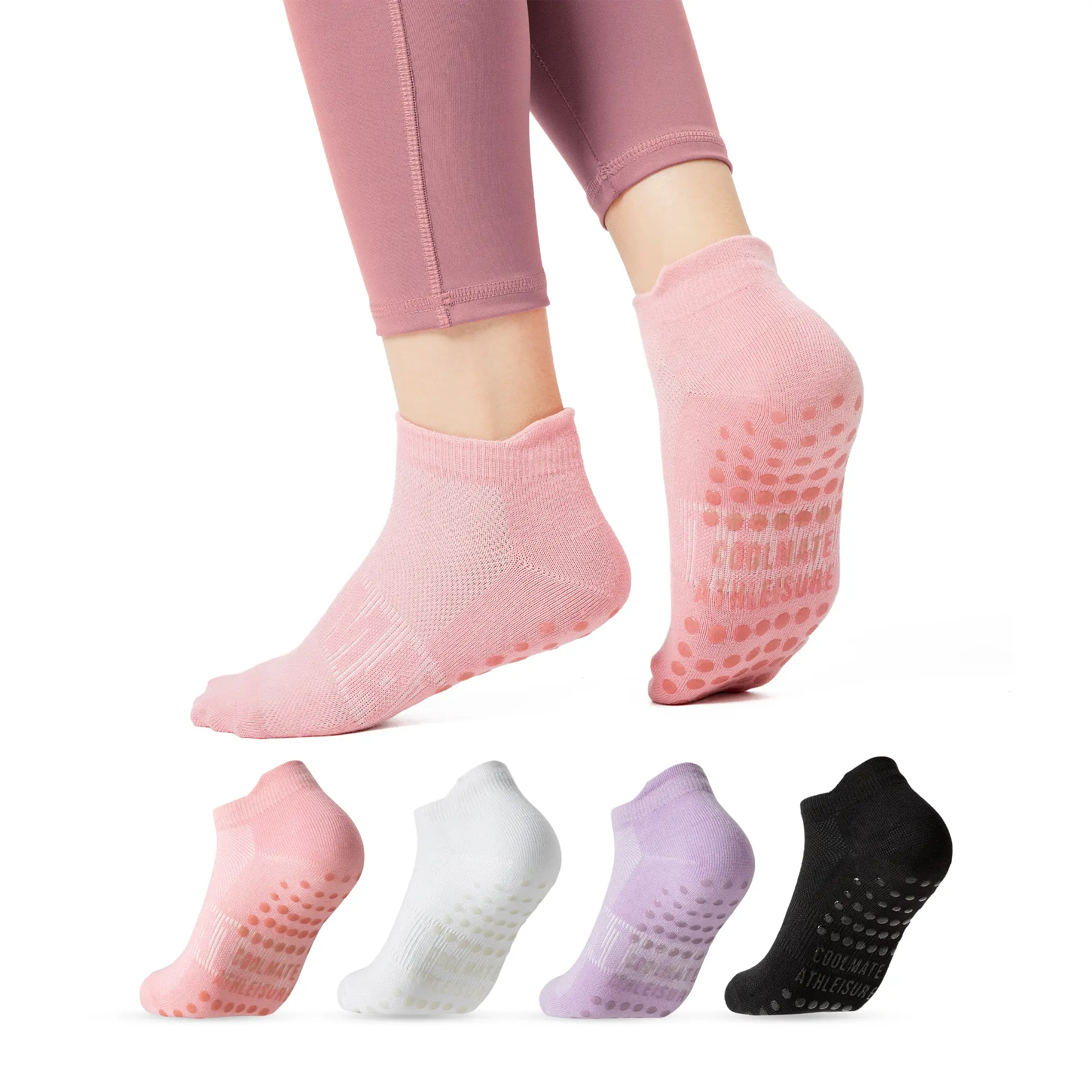 4 Pairs CoolMate Yoga Pilates Socks with Grips for Women, Crew Non Slip Women for Barre, Pilates Gifts (One Size, Open Top Pink/White/Light Purple/Black)