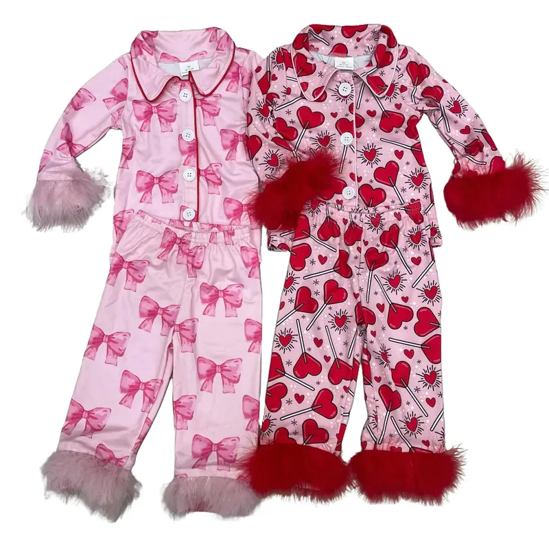 Girl Valentines day Outfit Red Fur Heart Girl Button Pajamas Set