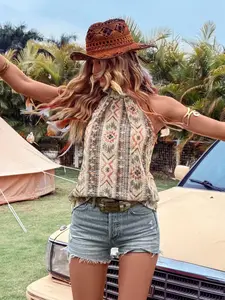 Women's All Over Print Top, Casual Fitted Sleeveless Top for Summer, Ladies Clothes for Daily Wear